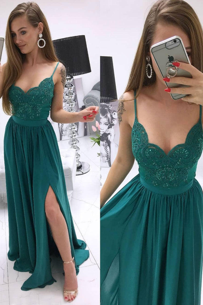 Green Prom Dress Sweetheart Lace Chiffon Long Evening Dress