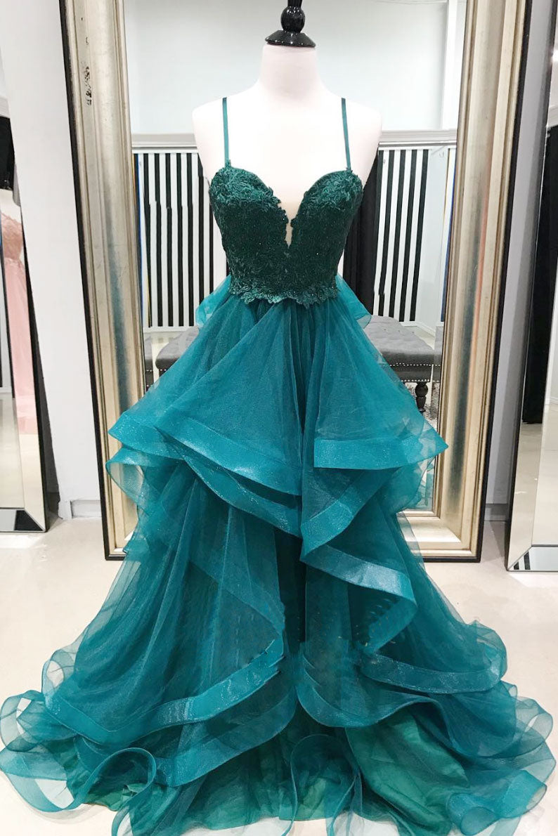 Green Prom Dress Sweetheart Neck Tulle Lace Long Formal Gown Evening Dress