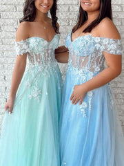 Green Prom Dress Tulle A Line Lace Long Evening Dress