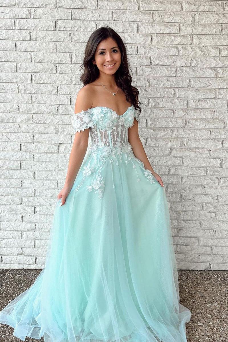 Green Prom Dress Tulle A Line Lace Long Evening Dress