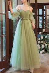 Green Prom Dress Tulle A Line Long Evening Gown Evening Dress