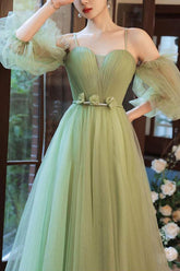 Green Prom Dress Tulle A Line Long Evening Gown Evening Dress