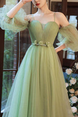 Green Prom Dress Tulle A Line Long Evening Gown Evening Dress