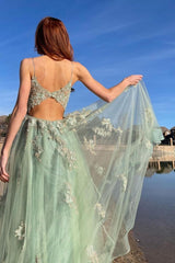 Green Prom Dress Tulle Lace Long Formal Evening Dress