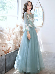 Green Prom Dress Tulle Lace Tea Length Formal Evening Dress