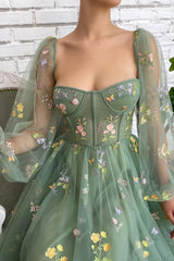 Green Prom Dress Tulle Lace Tea Length Formal Evening Dress