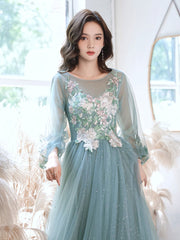 Green Prom Dress Tulle Lace Tea Length Formal Evening Dress