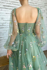 Green Prom Dress Tulle Lace Tea Length Formal Evening Dress