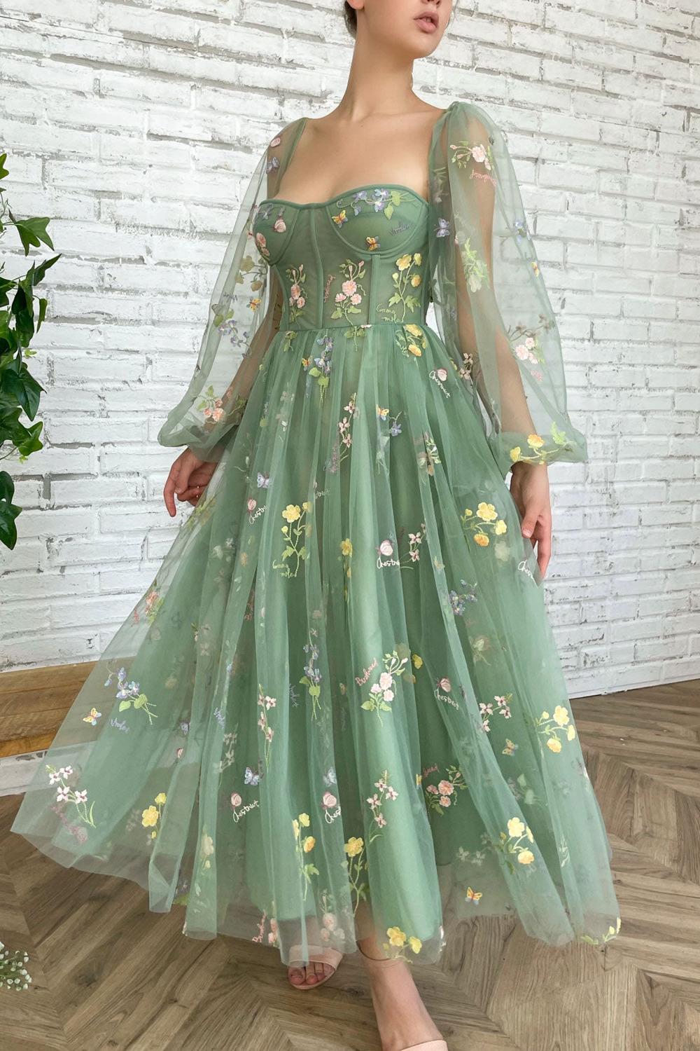 Green Prom Dress Tulle Lace Tea Length Formal Evening Dress
