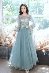 Green Prom Dress Tulle Lace Tea Length Formal Evening Dress