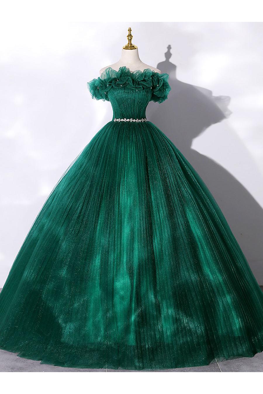 Green Prom Dress Tulle Off the Shoulder Long Sweet 16 Dress Evening Dress