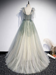 Green Prom Dress Tulle Sequin Beaded Long Formal Dress Evening Dress