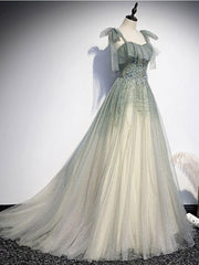 Green Prom Dress Tulle Sequin Beaded Long Formal Dress Evening Dress
