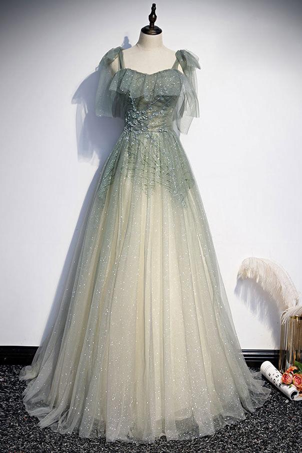Green Prom Dress Tulle Sequin Beaded Long Formal Dress Evening Dress