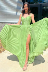 Green Prom Dress Twist Front Pleated Evening Dress with Split