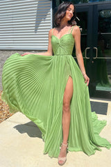Green Prom Dress Twist Front Pleated Evening Dress with Split