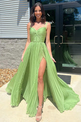 Green Prom Dress Twist Front Pleated Evening Dress with Split