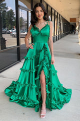 Green Prom Dress V Neck Backless Ruffle A Line Prom Gown Evening Dress With Split
