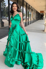 Green Prom Dress V Neck Backless Ruffle A Line Prom Gown Evening Dress With Split