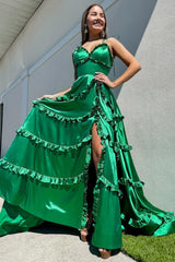 Green Prom Dress V Neck Backless Ruffle A Line Prom Gown Evening Dress With Split
