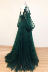 Green Prom Dress V Neck Lace A Line Long Tulle Evening Dress