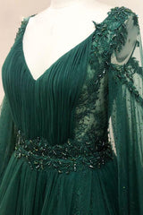 Green Prom Dress V Neck Lace A Line Long Tulle Evening Dress