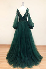 Green Prom Dress V Neck Lace A Line Long Tulle Evening Dress