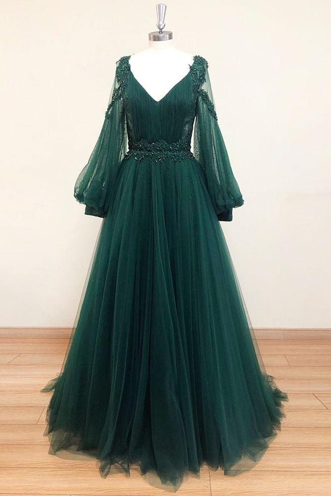 Green Prom Dress V Neck Lace A Line Long Tulle Evening Dress