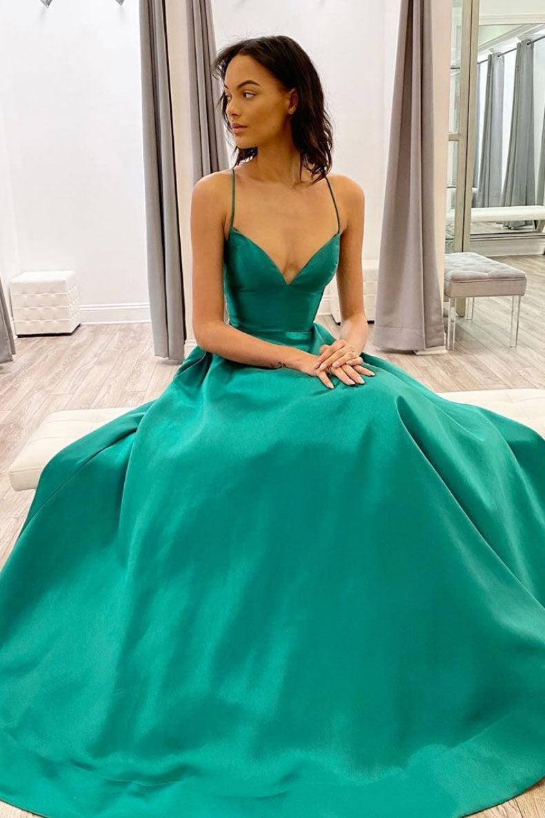 Green Prom Dress V Neck Satin Long Evening Dress