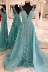 Green Prom Dress V Neck Tulle Lace Long Evening Dress