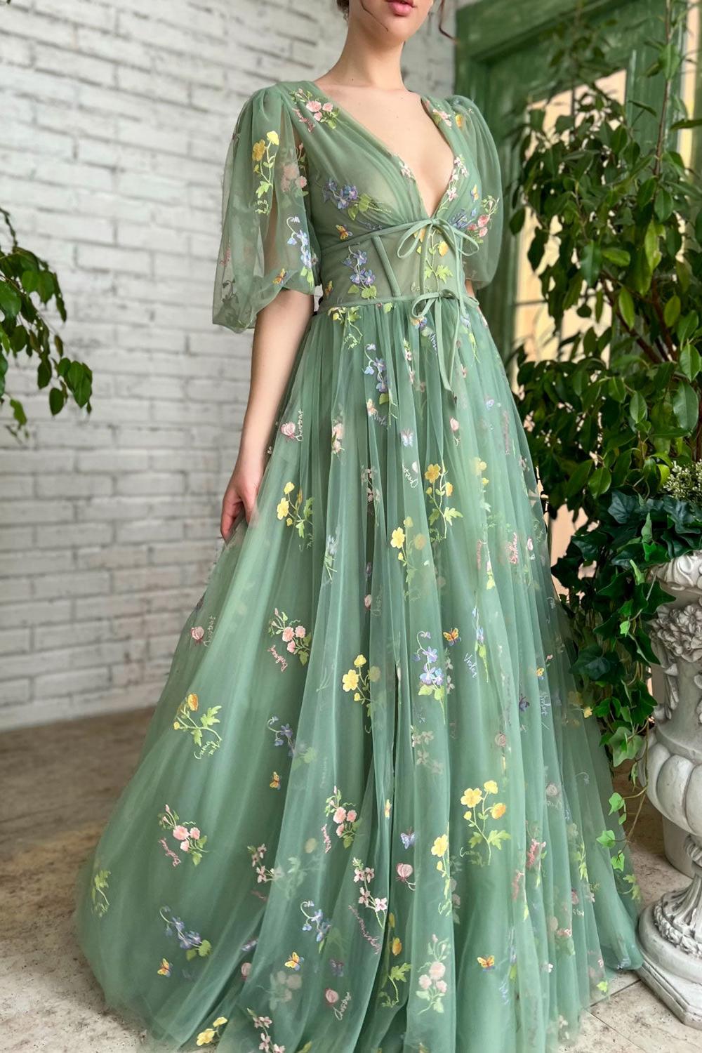 Green Prom Dress V Neck Tulle Lace Long Formal Evening Dress