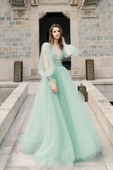 Green Prom Dress V Neck Tulle Long Formal Evening Dress