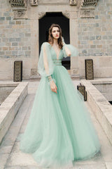 Green Prom Dress V Neck Tulle Long Formal Evening Dress