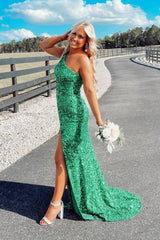 Green Sequined Prom Dress One Shoulder Long Evening Dress with Slit