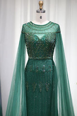 Green Sheath/Column Prom Dress Cap Sleeve Crew Neck Formal Dress With Beadings and Rhinestones