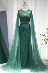 Green Sheath/Column Prom Dress Cap Sleeve Crew Neck Formal Dress With Beadings and Rhinestones