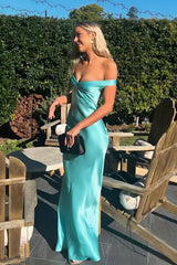 Green Sheath/Column Prom Dress Cap Sleeve Off the Shoulder Satin Formal Dress