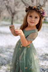 Green Short Sleeves Flower Girl Dress With Appliques