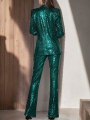 Green Sparkly Suit For Women With Notched Lapel Sequins And Belt