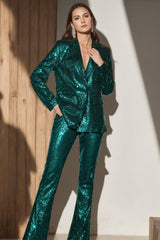 Green Sparkly Suit For Women With Notched Lapel Sequins And Belt
