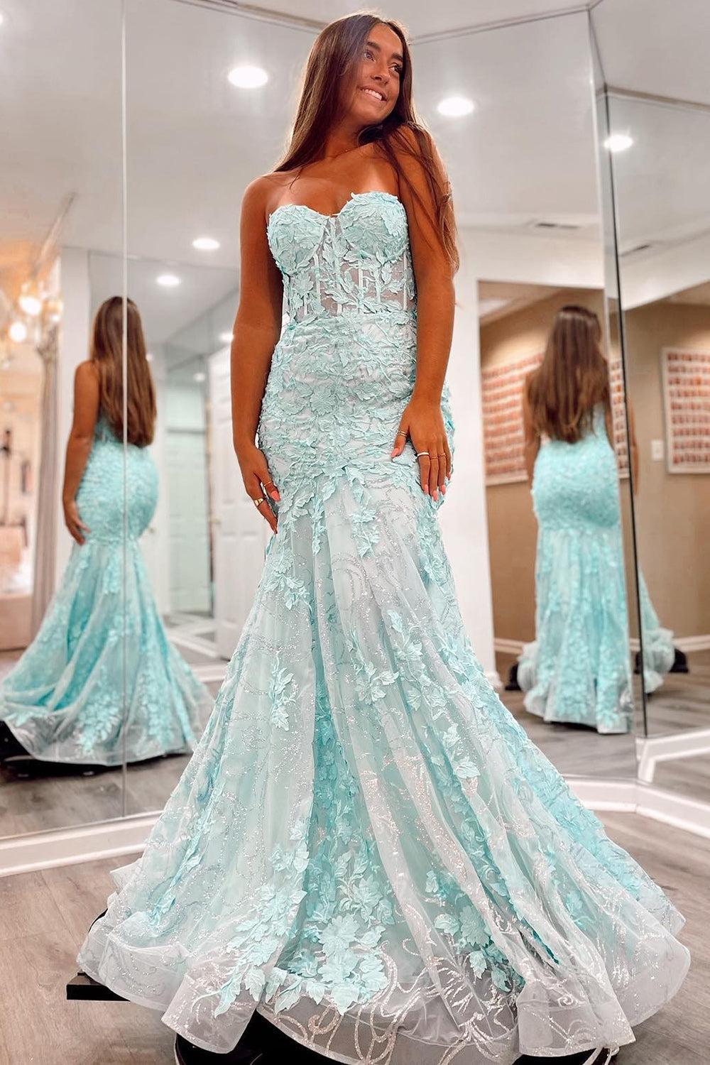Green Strapless Prom Dress Mermaid Corset Evening Dress with Appliques