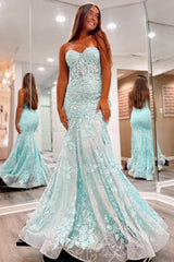 Green Strapless Prom Dress Mermaid Corset Evening Dress with Appliques