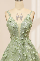 Green Tulle A Line Prom Dress Spaghetti Straps Long Evening Dress With Appliques