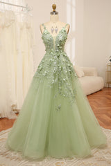 Green Tulle A Line Prom Dress Spaghetti Straps Long Evening Dress With Appliques