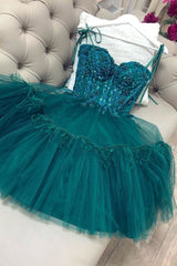 Green Tulle Homecoming Dress Lace Beaded Short Cocktail Dress