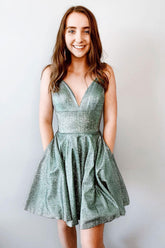 Green V Neck Homecoming Dress A Line Short Cocktail Dress