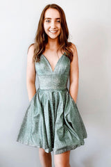 Green V Neck Homecoming Dress A Line Short Cocktail Dress