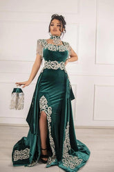 Green Velvet Christmas Party Dress Lace Appliques Slit Formal Dress With Detachable Train