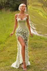 Green Spaghetti Straps Prom Dress Satin Tulle Mermaid Formal Dress with 3D Flowers