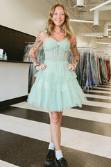 Grey Blue Ruffled A Line Homecoming Dresses Tiered Short Corset Cocktail Dresses